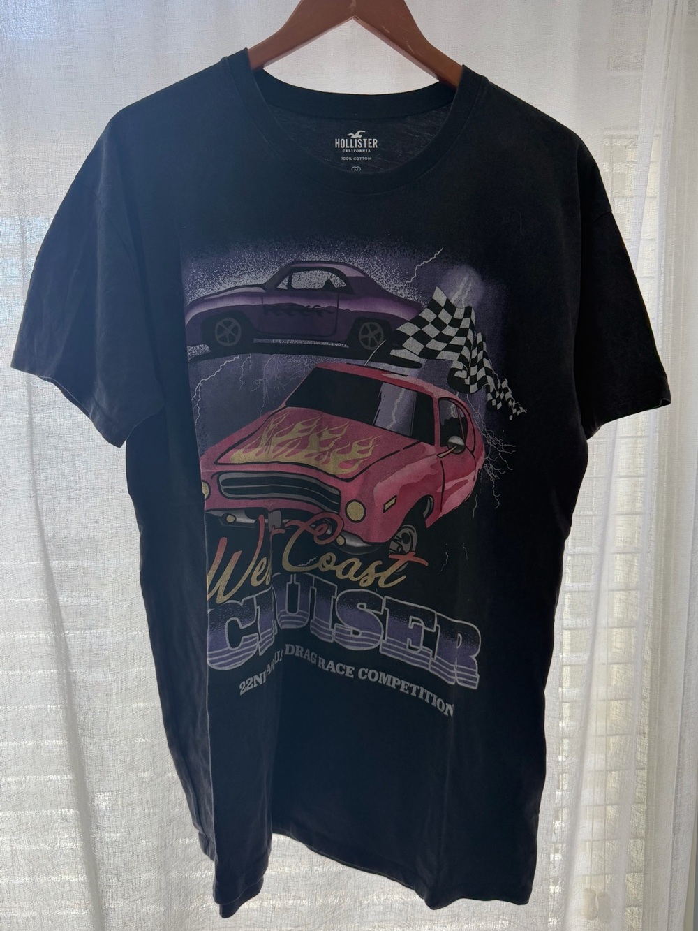 Hollister Black Short-Sleeve Graphic Tee with Pink & Purple Car Art